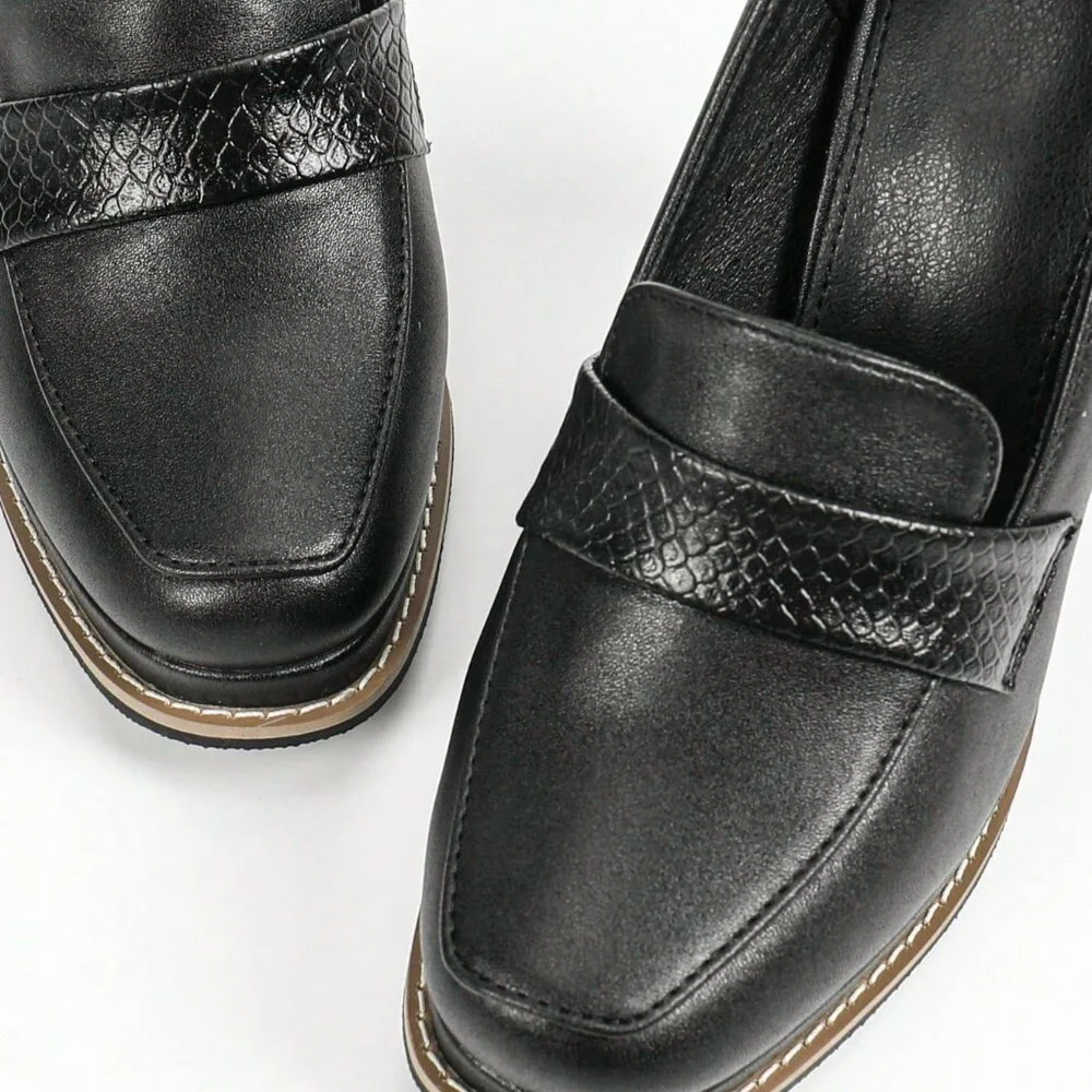 Black Elegant Women's Waterproof Wood Grain Slip-On Pumps